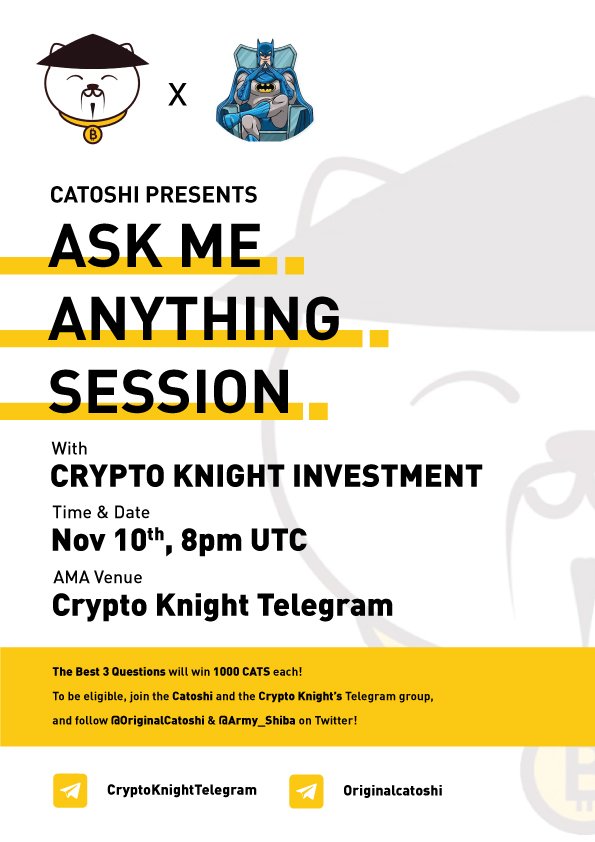army_shiba's tweet photo. I will have an AMA on my TG with my friends @OriginalCatoshi 🔥❤
The Best 3 Questions will win 1000 $CATS each! Details are in the photo👇
🌕 Time & Date: Today, 8pm UTC
🌕 AMA Venue: https://t.co/MOAqqxE2IH
You can mention your question!👇 https://t.co/YIASWt0bk1