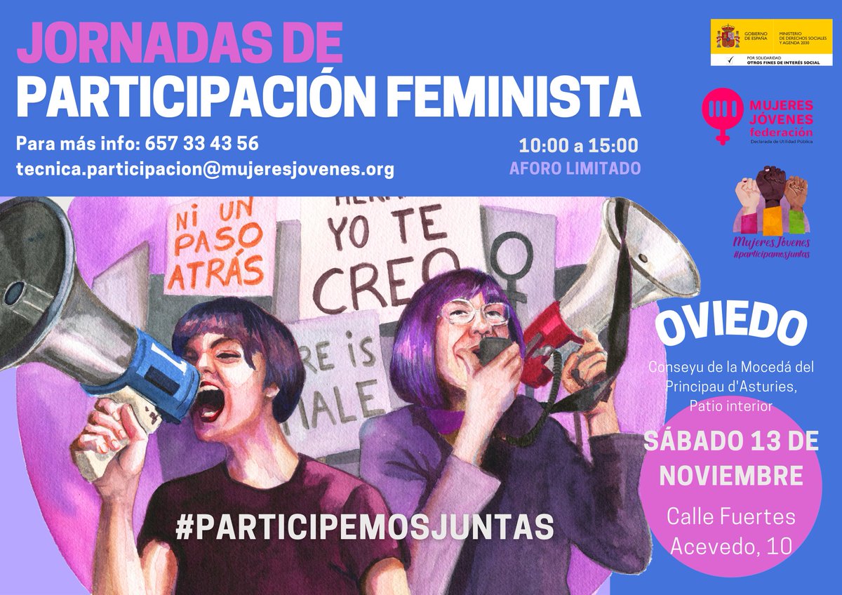 conseyu_cmpa's tweet photo. ♀️ @MujeresJovenesF y @MUJOAS organizan este sábado 13 de noviembre en el CMPA (Fuertes Acevedo 10, patio interior, Uviéu) las Jornadas de Participación Feminista. 

🕒10:00 a 15:00 horas. 

ℹ️Aforo limitado. Inscripción gratuita en: https://t.co/lPRtRyfBsl

#ParticipemosJuntas https://t.co/sFbRYM26Dn