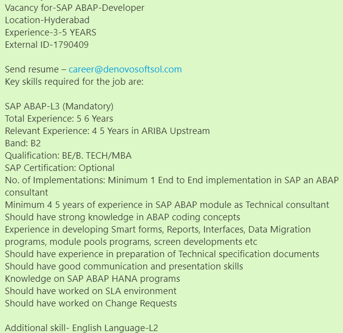 denovosoftsol's tweet photo. #denovojobs #denovo
Vacancy for-SAP ABAP-Developer
Location-Hyderabad
Experience-3-5 YEAR
External ID-1790409

Send resume – career@denovosoftsol.com
#SAP #SAPABAP #sapsupport #sapmodule #SAPPP #sapmasterdata #seniordeveloper #saphana #ABApcoding #SLAenviroment #abapconsultant https://t.co/f9Wny0Gcgk