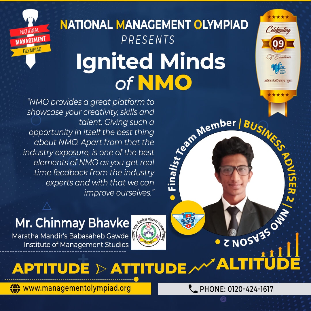 managementolymp's tweet photo. Our Today's hero and Business Adviser of Finalist Team Sky NMO Season 2 Mr. Chinmay Bhavke. We wish him all the best for his all endeavours.
#NationalManagementOlympiad #OnlineOlympiad #ManagementOlympiad #ManagementCompetition #NMO #Leadership https://t.co/IA6cudKChx