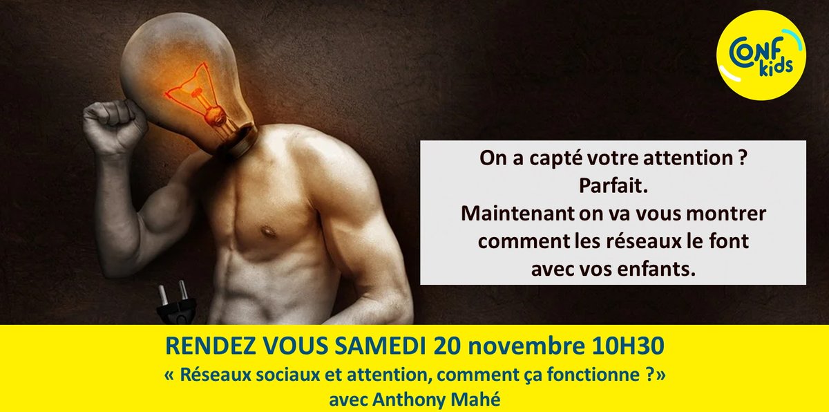 Rdv sur Zoom avec Anthony Mahé, sociologue chez Eranos, aux Confkids le 20 novembre.
On va parler du pouvoir de séduction des réseaux sociaux et comme notre cerveau a un coeur d'artichaud.
Billets *gratuits* 👉us02web.zoom.us/webinar/regist…