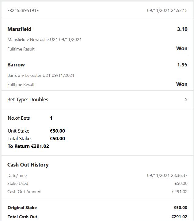 Bet2Bets's tweet photo. Bet2bets Football Betting Tips - 09/11/2021 2 Games 1 DOUBLE €50.00 Cashout €291.02 WIN https://t.co/FXlnZyctJs https://t.co/O4qXcR5vDN