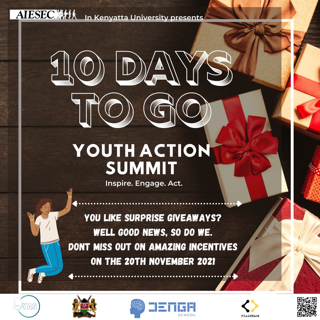 AIESECKenyatta's tweet photo. Heyyy AIESEC 📢
The countdown has begun, T-10 Days to the YOUTH ACTION SUMMIT 2021🥳
Save the date 20th November 🗓️
Be on the look out for amazing surprises we have in store for you 💃🔥
It's not too late to sign up 👇
https://t.co/P4KFTYDVvy https://t.co/2nnhAqVMbp