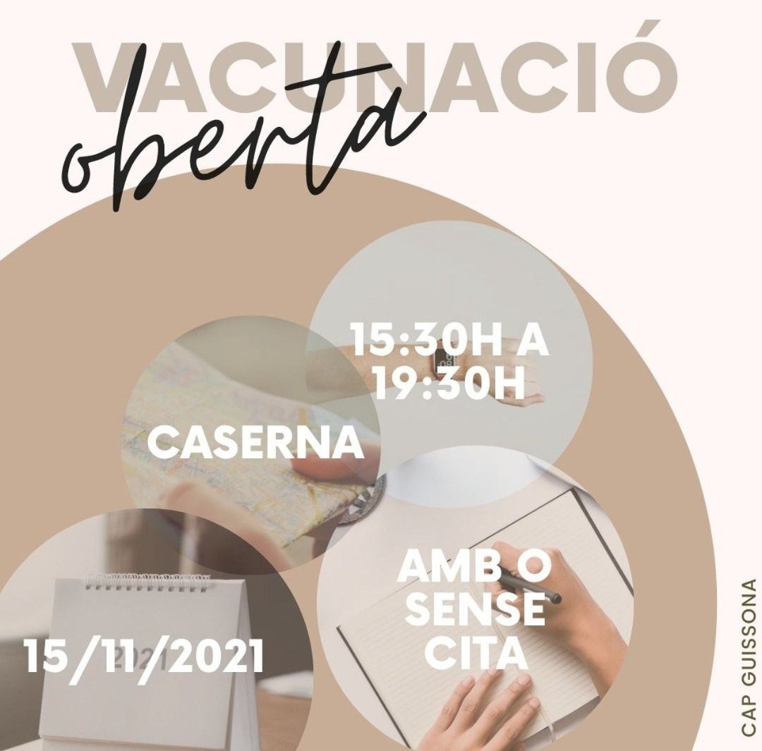 ERCGuissona's tweet photo. VACUNACIÓ OBERTA contra la Covid-19, el proper dilluns dia 15! Amb o sense cita prèvia!

#Guissona #covid19

Més informació: CAP Guissona https://t.co/4bzAY5z8du