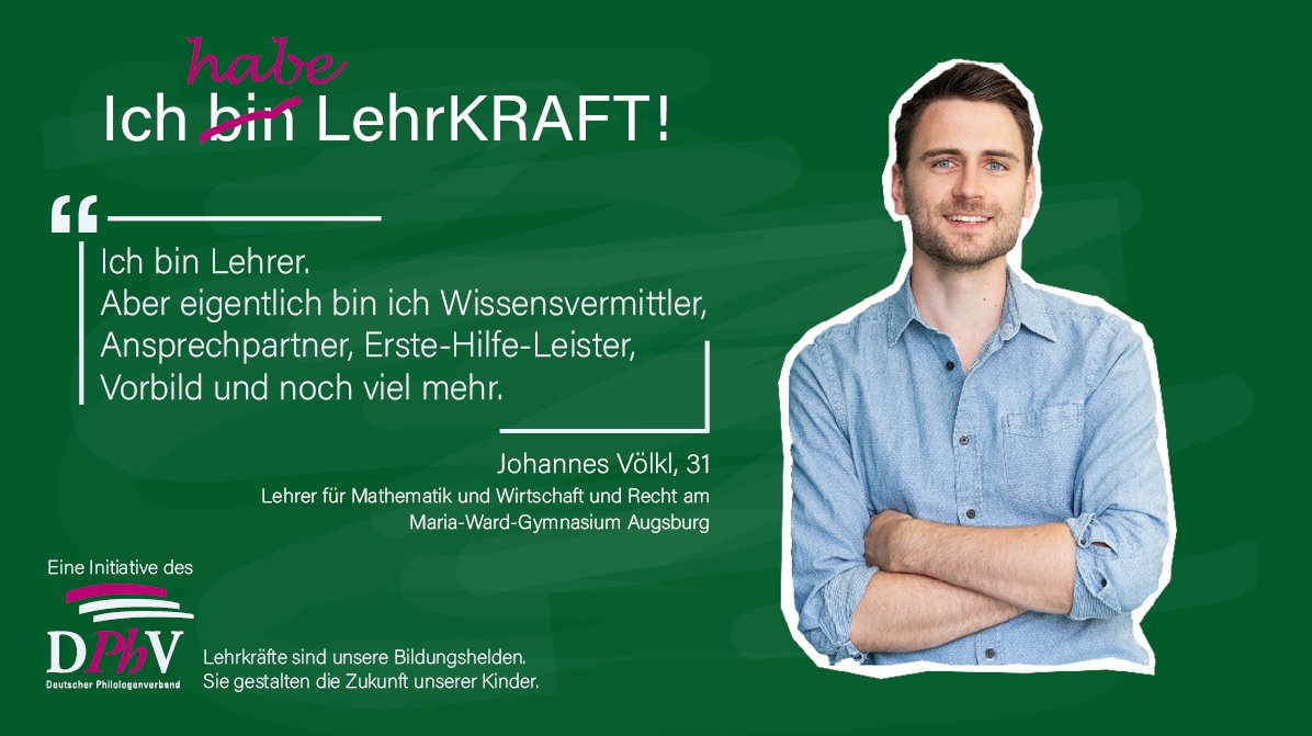 DPhV's tweet photo. Lehrkräfte gestalten die Zukunft unserer Kinder! 
Heute startet die DPhV-Imagekampagne: Lernen Sie unsere Zukunftsgestalter kennen - auf Facebook, Instagram und hier auf Twitter. Heute: JOHANNES VÖLKL aus Augsburg.
👉https://t.co/GQPD4LTLxP #ichhabelehrKRAFT #twlz #bildungshelden https://t.co/g717WZxeMK