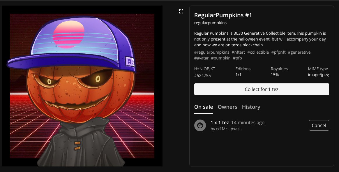 PumpkinsRegular's tweet photo. 1st mint on @hicetnunc2000 and sold quickly
Stay tune for the next edition
#NFT #NFTCommmunity #hicetnunc #OBJKT #nftcollectors #CleanNFT #RegularPumpkins #tezosart #HEN #Crypto #nftart #Avatar #pfp #pfpNFT https://t.co/jucwKyQ6vd