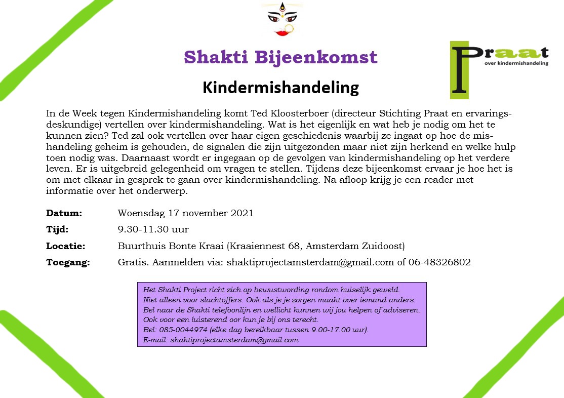 Janice_Aliar's tweet photo. In de Week tegen Kindermishandeling organiseren we een Shakti Bijeenkomst op woensdag 17 november. Ted Kloosterboer (directeur Stichting Praat en ervaringsdeskundig) zal vertellen over het onderwerp. #huiselijkgeweld #Amsterdam #telefoonlijn #kindermishandeling #partnergeweld https://t.co/JYmmRQc9Tt