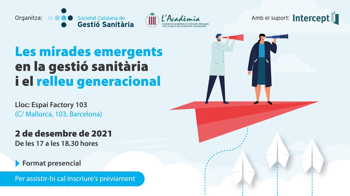 📍Obertes inscripcions! Les noves mirades de la gestió sanitària i el relleu generacional 

⏰ 2 de desembre, a les 17 hores 

👥 Una conversa amb Cristina Adroher [<a href="/cris_adroher/">Cristina Adroher</a>], Alex Santamaría [<a href="/DralexSF/">Alex Santamaria</a>], Ester Risco [<a href="/ester_risco/">Ester Risco Vilarasau</a>] i Oriol Fuertes

👉 bit.ly/3wzOPmI