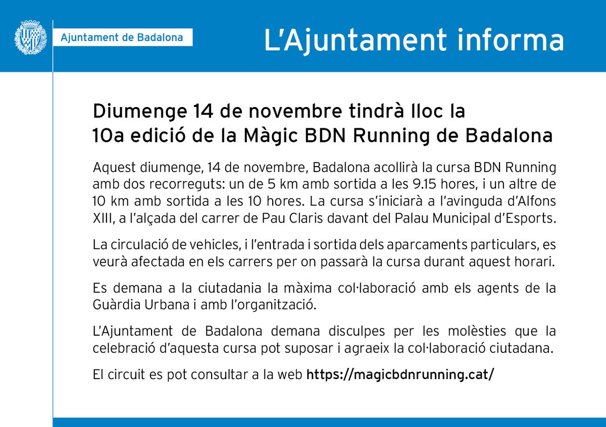 esportsbadalona's tweet photo. 📢Diumenge la #magicbdnrunning córrer 🏃♂️🏃♀️a #Badalona
➡️Al llarg del matí hi haurà diverses afectacions a la via pública, consulteu el circuit a https://t.co/hIdqyyFl23 #EsportsBDN @AjBadalona @MagicBDNRunning https://t.co/sqhMonQCl4