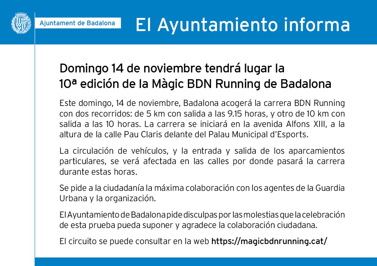 esportsbadalona's tweet photo. 📢Diumenge la #magicbdnrunning córrer 🏃♂️🏃♀️a #Badalona
➡️Al llarg del matí hi haurà diverses afectacions a la via pública, consulteu el circuit a https://t.co/hIdqyyFl23 #EsportsBDN @AjBadalona @MagicBDNRunning https://t.co/sqhMonQCl4