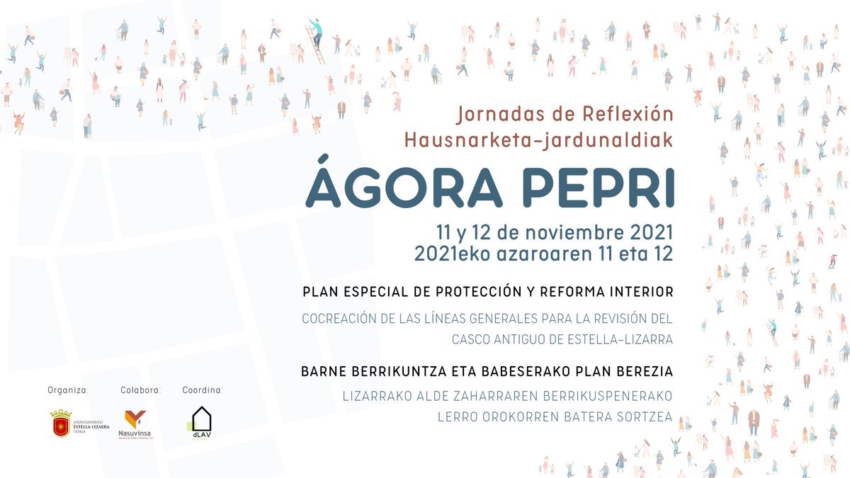 El <a href="/AytoEstellaLiz/">AytoEstellaLiz</a> organiza mañana y pasado las jornadas #AgoraPepri, un espacio abierto a la participación y reflexión en torno a la creación conjunta de su casco histórico. 
Apúntate aquí: forms.gle/Xs95uSRuXDbqFD…