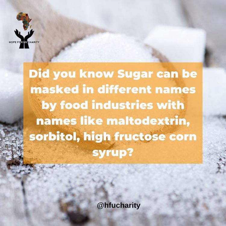 HFUcharity's tweet photo. You might be surprised to learn that there are almost 60 different names for sugar used by food brands.

Sugar can be difficult to spot on food labels because they are often hidden in a variety of names. — https://t.co/njuynPqIK7