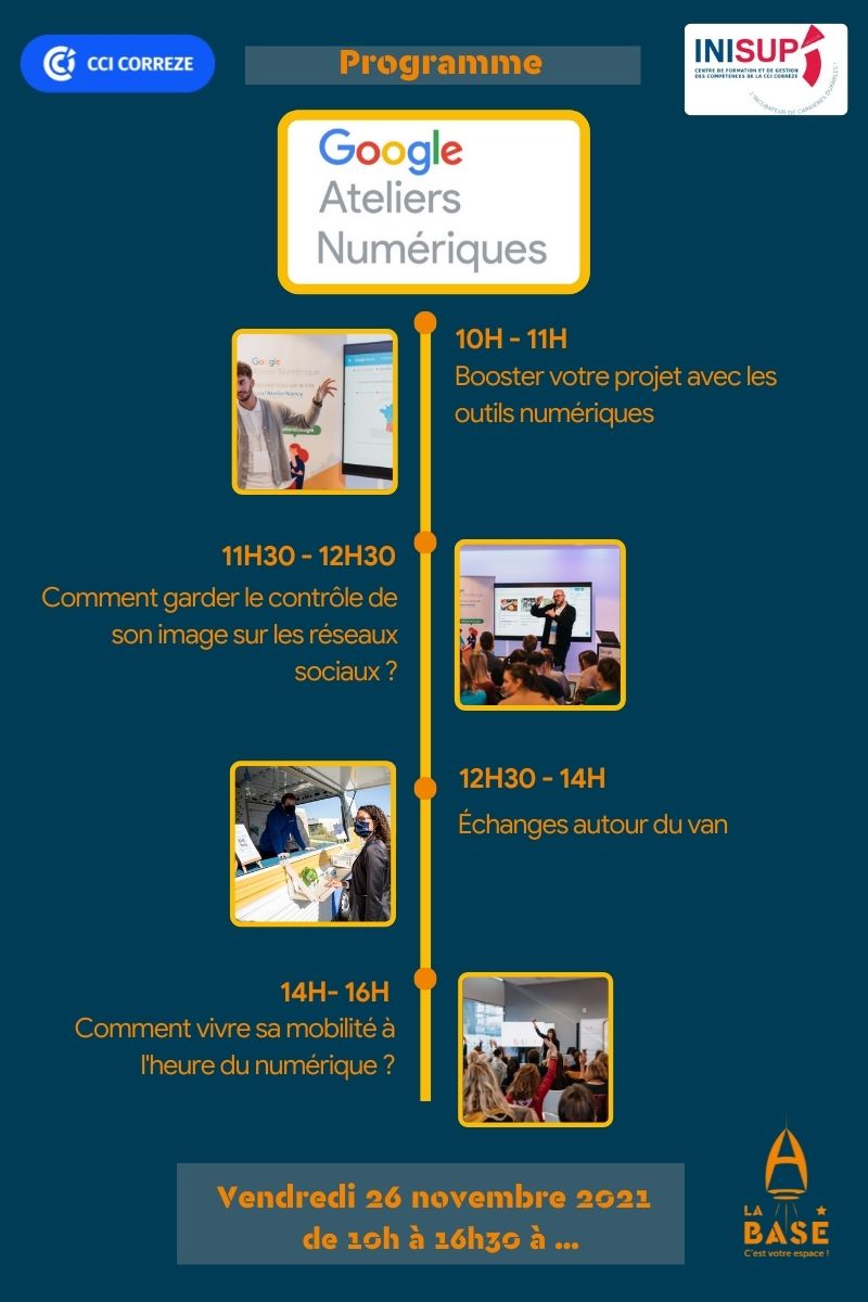 CCICorreze's tweet photo. #Google #ateliers #numérique
🔹 Journée de formation gratuite pour développer votre activité sur internet et booster vos compétences dans le domaine du numérique proposée par @Google et @CCI Corrèze
 
🔹Le 26 novembre à @LABASE à Brive
👉Inscriptions : https://t.co/5CDfdmMYMx https://t.co/ItLB7F8o5r