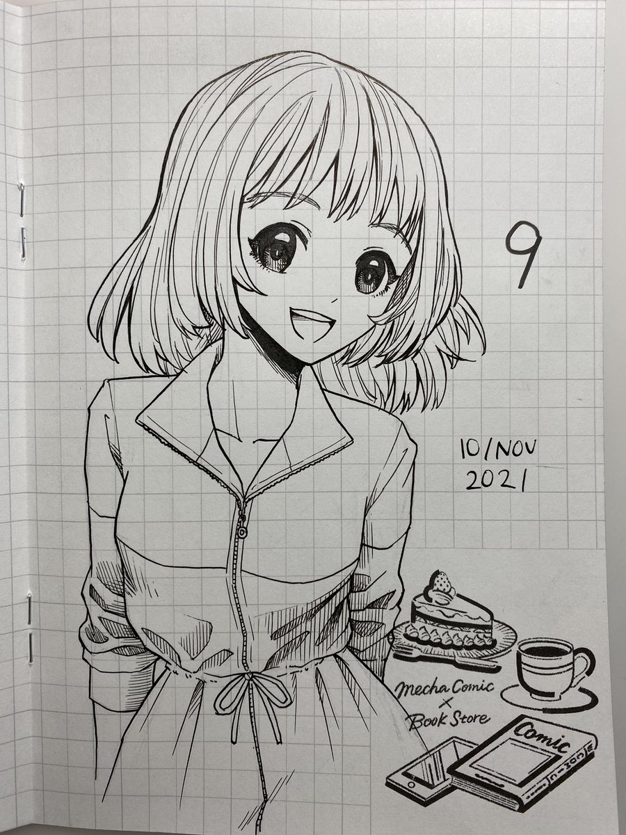 顔面にファンタジー。今風な顔って目が小さくて丸くてまつ毛が控えめな気がした。あと服のシワをいつもより描き込んでみた。本当はなるべく少ない線で描く絵が好きなんだけどな。の9 