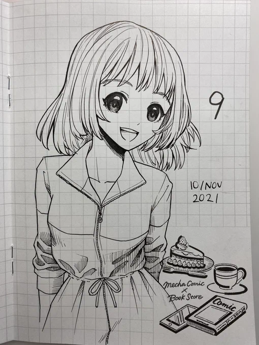 顔面にファンタジー。今風な顔って目が小さくて丸くてまつ毛が控えめな気がした。あと服のシワをいつもより描き込んでみた。本当はなるべく少ない線で描く絵が好きなんだけどな。の9 