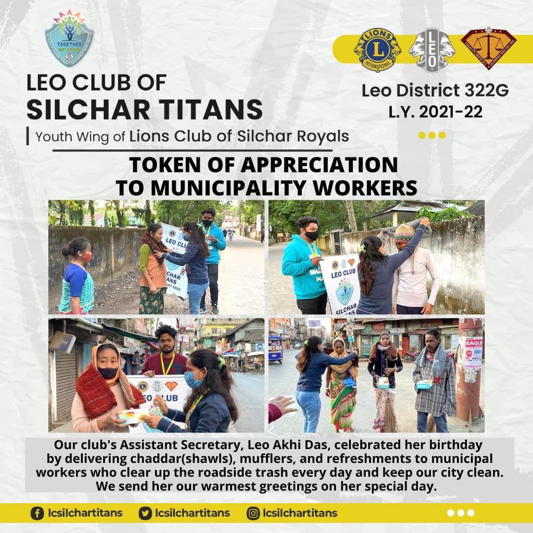 lcsilchartitans's tweet photo. Namaste 🙏

Today, Our club's Assistant Secretary, Leo Akhi Das, celebrated her birthday by delivering chaddar(shawls), mufflers, and refreshments to Municipal workers who clear up the roadside trash every day and keep our city clean. 

Regards,
Team LCST
#TogetherWeGrow https://t.co/VAGPe0TYaz