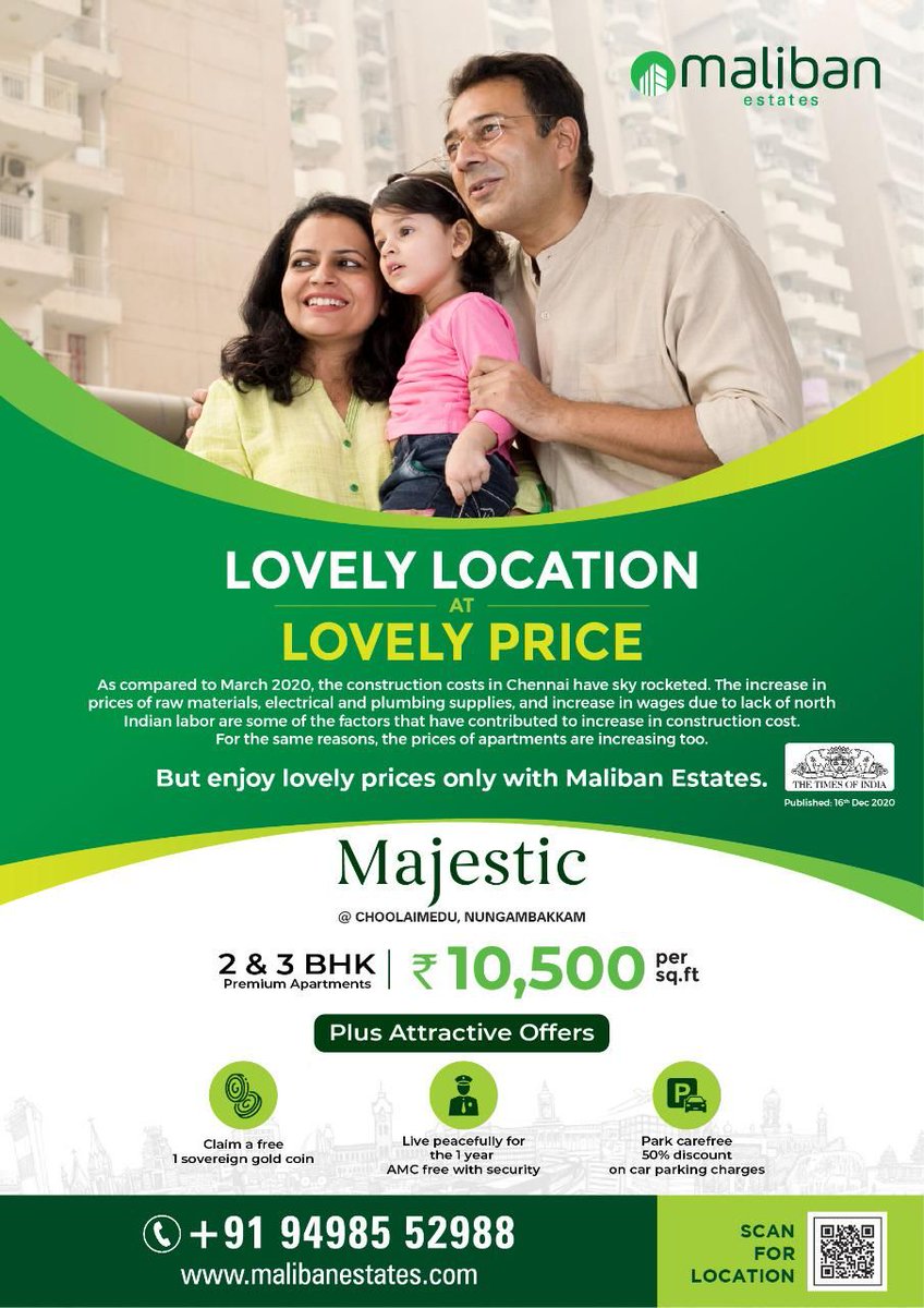 EstatesMaliban's tweet photo. Maliban Majestic @ Choolaimedu, a limited edition 2BHK (816 - 977 Sq.Ft) apartment from Maliban Estates with utmost detailing given to space planning, Ventilation and all other aspects that encompass to make your life a wonderful one everyday. Book Now!
Contact: +91 9498552988 https://t.co/c67uCKLRis
