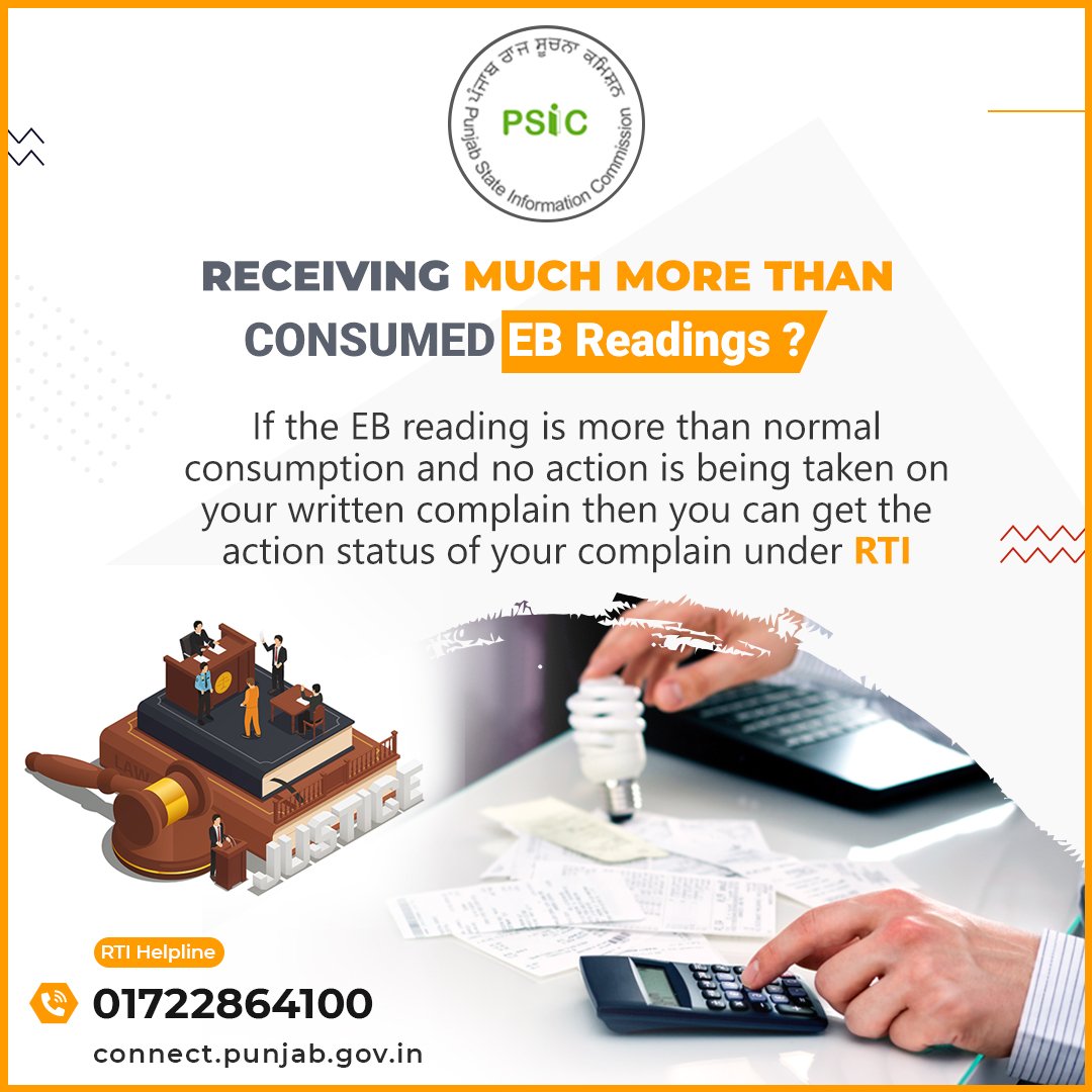 PSIC_Punjab's tweet photo. If your #EBreading is exceeding normal consumption and you have complained about it but no action is being taken despite the complaint, then under the #RTI Act 2005, you can get the status on the process of your complaint

#RightToInformation #PowerOfPublic #HumanRights #PSIC https://t.co/rDCdDbnpib