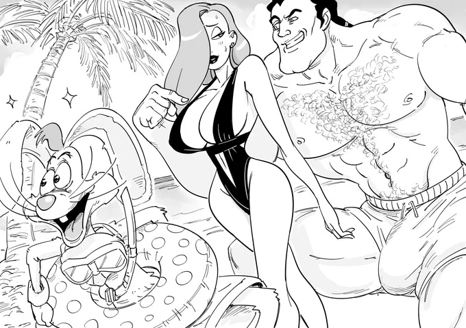 Patreon request for Roger Rabbit at the beach unaware of his wife is being NTR'd.

I don't get many Western cartoon requests, but practicing different styles is important. BTW Jessica Rabbit's hourglass figure is famous, but she actually has broad shoulders and a flat ass. 