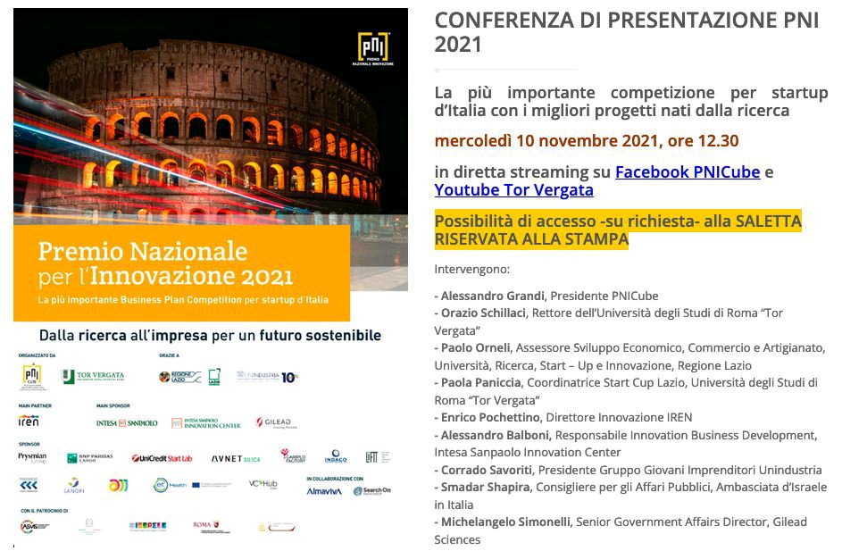 Oggi il nostro Presidente Corrado Savoriti partecipa alla #conferenzastampa di presentazione del Premio Nazionale per l'Innovazione 2021: diretta #streaming dalle 12.30 su FB <a href="/PNICube/">PNICube</a> e #Youtube Tor Vergata - <a href="/NewsUnindustria/">Unindustria</a> <a href="/Corrado84/">Corrado Savoriti</a>