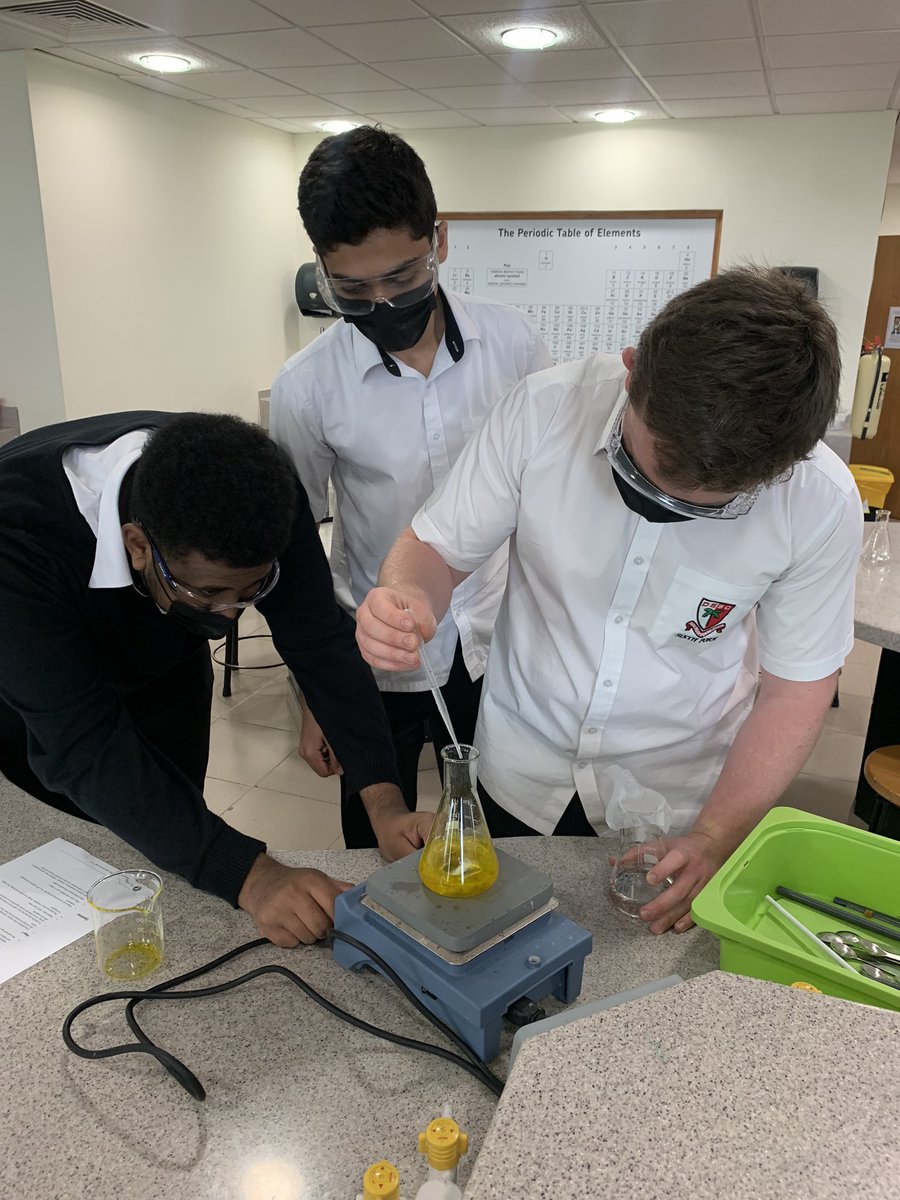 DESCscience's tweet photo. A-level Chemists busy making biodiesel (made up of long chain fatty acid esters!) as part of our everyday esters topic! Stirrer hot plate practice going well 🤩 @DESCDubai https://t.co/SrPtnQNYos