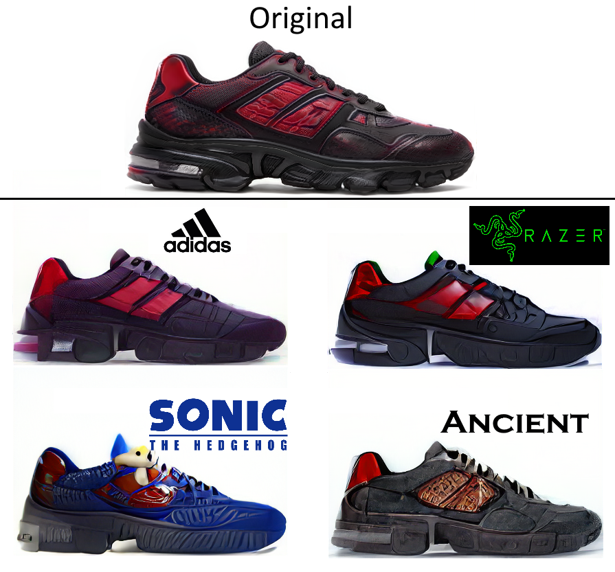 stan_vossen's tweet photo. Some more sneaker style-transfer fun. Adding "$200" to my CLIP prompt seems to help results 🤔 https://t.co/gnaBJ3T4qs