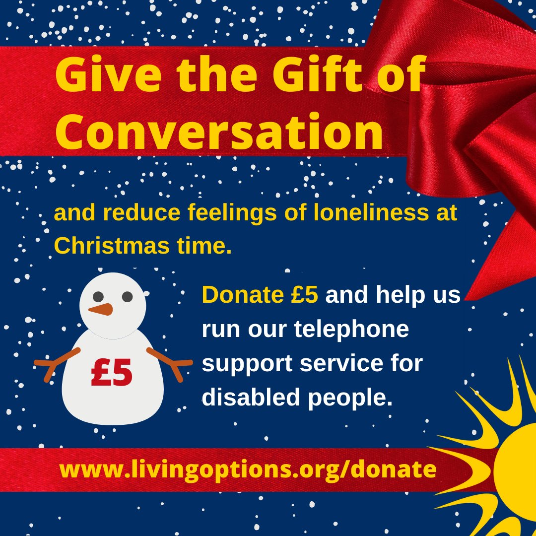 Time to Talk (@timetotalkdevon) on Twitter photo Give the gift of conversation this Christmas
Reduce feelings of #loneliness this Christmas time by donating £5 to help us run our telephone support service Time To Talk for disabled people.
Follow the link to donate 👇
livingoptions.org/give-the-gift-…
#GiveTheGift <a href="/LivingOptions/">Living Options Devon</a> Give the gift of conversation this Christmas
Reduce feelings of #loneliness this Christmas time by donating £5 to help us run our telephone support service Time To Talk for disabled people.
Follow the link to donate 👇
livingoptions.org/give-the-gift-…
#GiveTheGift <a href="/LivingOptions/">Living Options Devon</a>