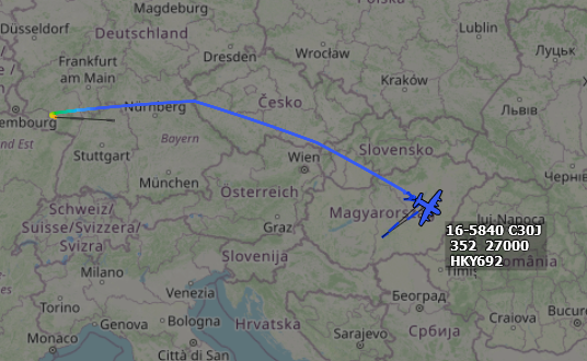 ameliairheart's tweet photo. USAF C-130J 16-5840 heading for CΓ’mpia Turzii Air Base, RO after departing ~2 hours ago from Ramstein AB, DE. About an hour after landing at CΓ’mpia Turzii, she will take off and head for Aviano AB, IT. #ADSB #AE5DFC https://t.co/hNhW16HHU7