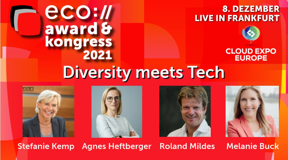 Treffen Sie die führenden Köpfe der Tech-Branche beim #ecokongress in Frankfurt. Diskutieren Sie mit uns u.a. über #diversity + #womenintech. Wir freuen uns auf <a href="/AgnesHeftberger/">Agnes Heftberger</a>, <a href="/Stefanie_K_DUS/">Stefanie Kemp</a>, R. Mildes @SalesforceDE, M. Buck, <a href="/GoDaddyDE/">GoDaddy Deutschland</a> Jetzt anmelden: go.eco.de/z0DWJly