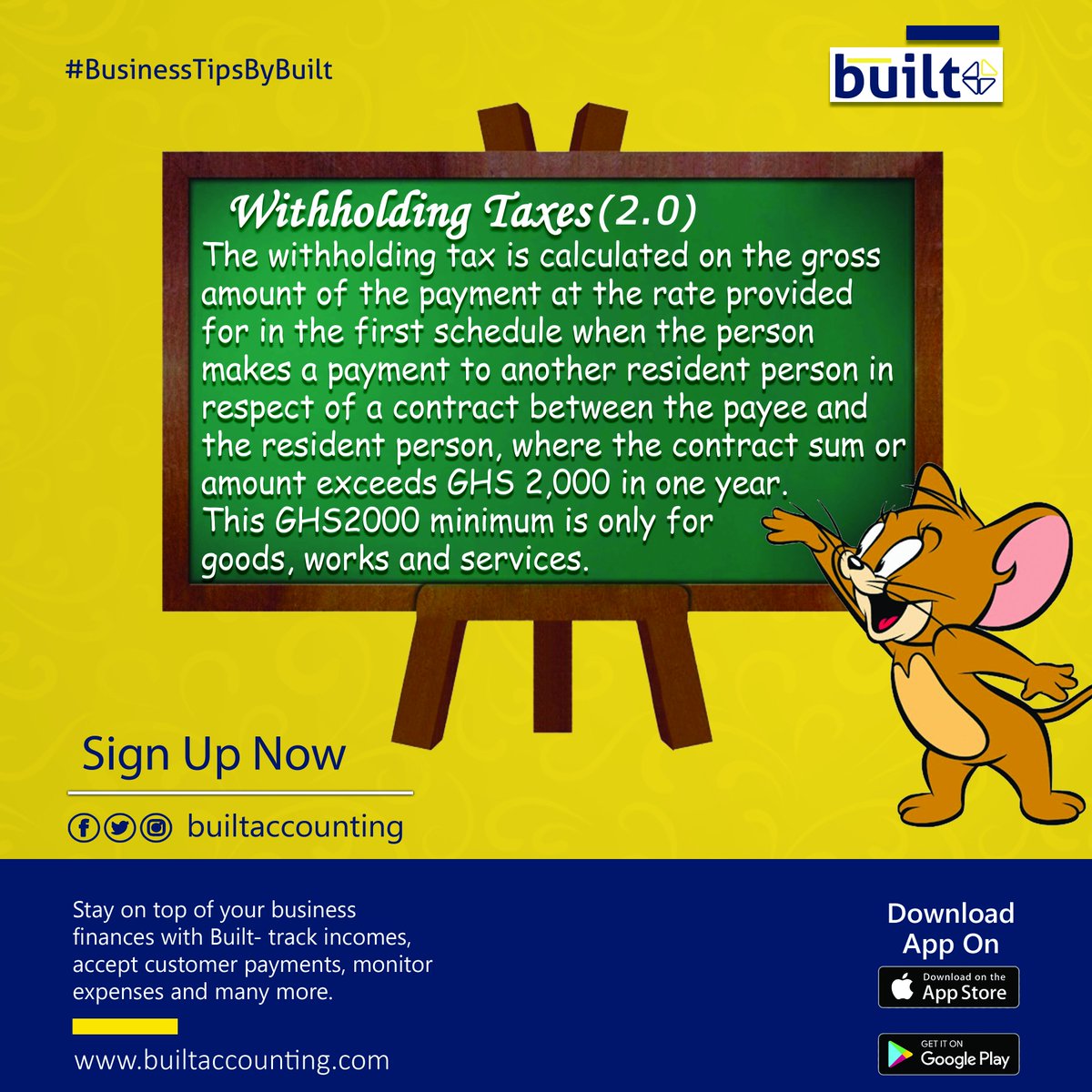 built_africa's tweet photo. On #BusinessTipsByBuilt today, we are continuing our lesson on Withholding Taxes.
Last week, we learnt what withholding taxes are. Let’s look at the method of calculating withholding taxes today.
#BusinessTipsByBuilt https://t.co/cPLS7gJm2U