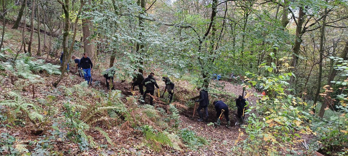 Keighley College Public Services students "dig in" to help save ancient woodland from invasive plants in Keighley <a href="/KeighleyCollege/">Keighley College</a>