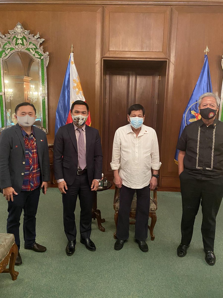 inquirerdotnet's tweet photo. LOOK: Pres. Rodrigo Duterte and Sen. Manny Pacquiao, who belong to feuding factions within ruling party PDP-Laban, meet to discuss "certain matters related to people’s interest and Mindanao development." (📷Pacquiao's office) | @CMRamosINQ https://t.co/MWIRMtOulN