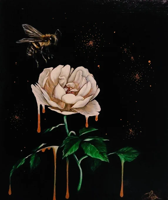 【メルティフラワー/白薔薇】油絵
白薔薇の花言葉:誠実

#illustration #薔薇 #蜂 #アナログイラスト #絵描きさんと繋がりたい #みんなで楽しむTwitter展覧会 #絵柄が好みって人がいればいいなぁ 