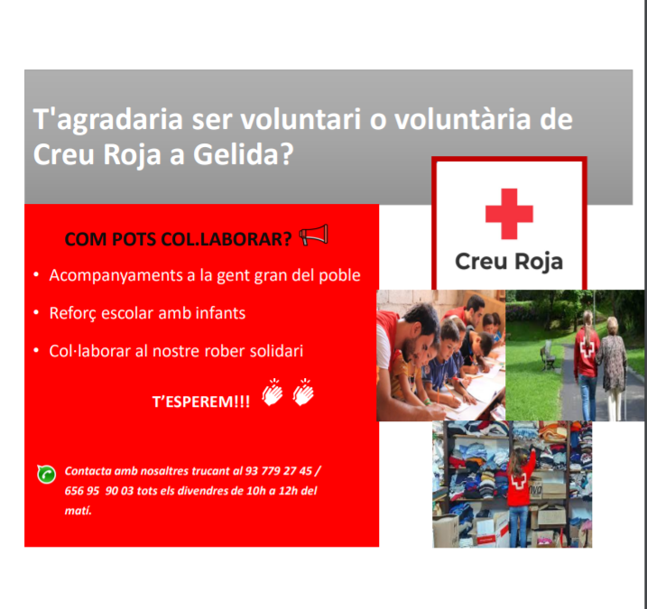 CR_AltPenedes's tweet photo. Busquem persones voluntàries a #Gelida.
Es prega màxima difusió, gràcies!
#Penedès #AltPenedès https://t.co/U5Cy05OGFt