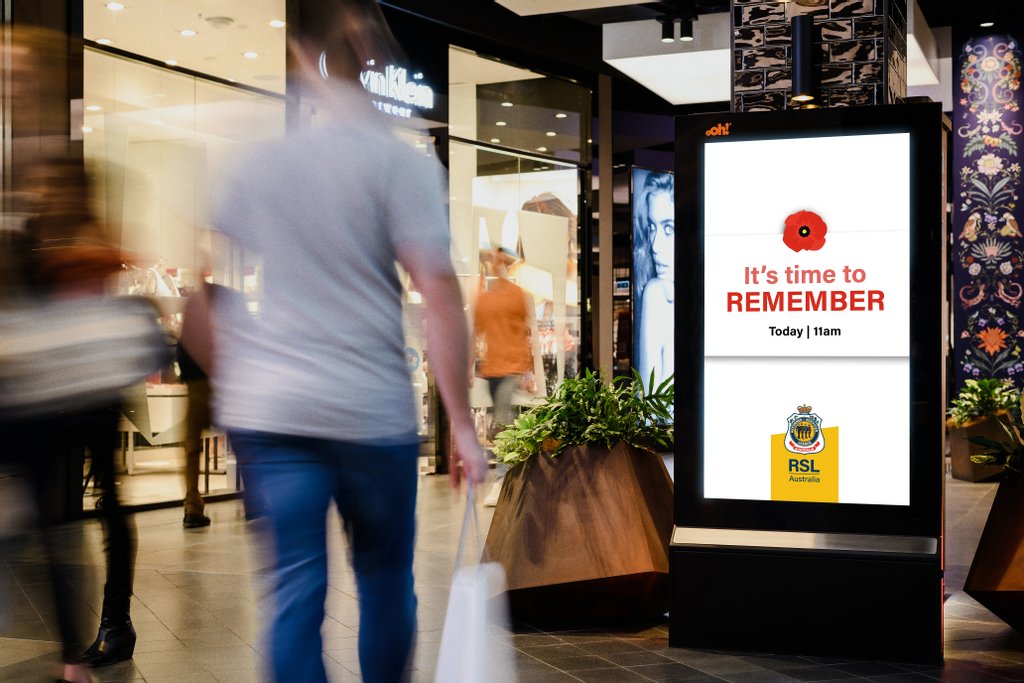 oOh! (@ooh_unmissable) on Twitter photo This Remembrance Day all <a href="/OMA_Australia/">Outdoor Media Assoc.</a> members have united to support <a href="/RSL_Australia/">RSL Australia</a>'s 'Remember to Remember campaign'. The initiative will be live on the 11th, at 11am for 1 minute across our digital retail and office network.
<a href="/RSLQueensland/">RSL Queensland</a> #RemembranceDay #RememberToRemember This Remembrance Day all <a href="/OMA_Australia/">Outdoor Media Assoc.</a> members have united to support <a href="/RSL_Australia/">RSL Australia</a>'s 'Remember to Remember campaign'. The initiative will be live on the 11th, at 11am for 1 minute across our digital retail and office network.
<a href="/RSLQueensland/">RSL Queensland</a> #RemembranceDay #RememberToRemember