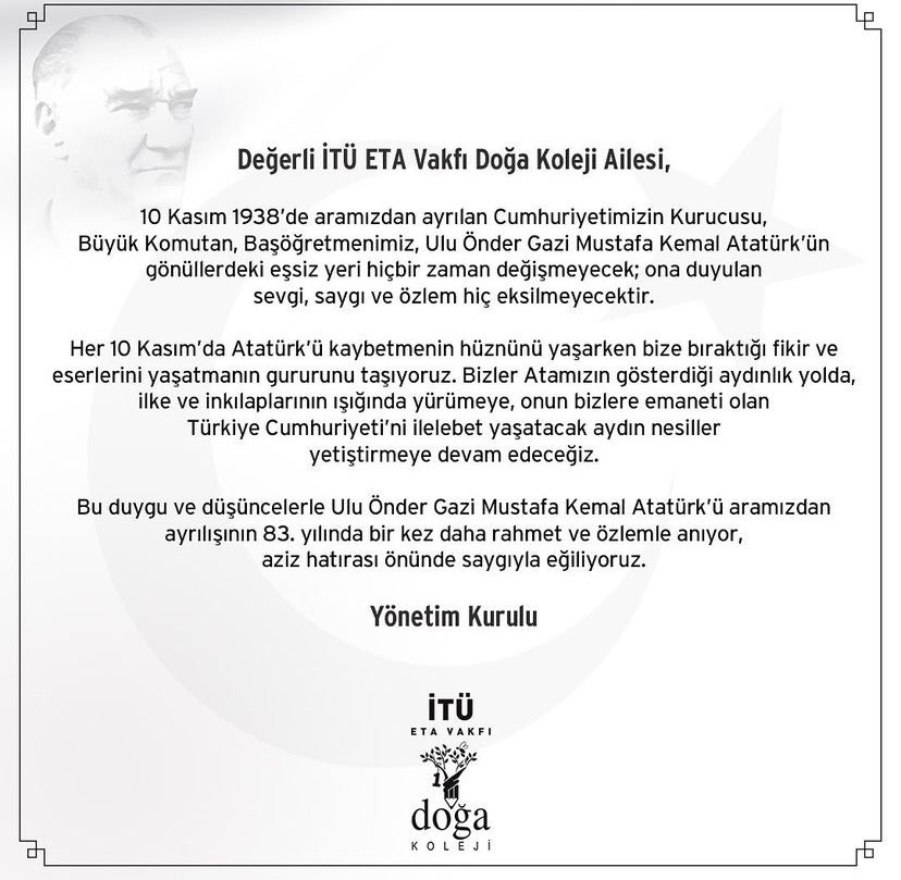 #HerDersBizimlesin
Başöğretmenimiz Gazi Mustafa Kemal Atatürk'ü aramızdan ayrılışının 83. yılında saygı, özlem ve minnetle anıyoruz. 
Sonsuza kadar ∞
#10Kasım