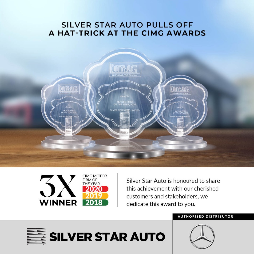 MercedesBenz_GH's tweet photo. Hat-trick at the CIMG awards.

Management and staff of Silver Star Auto are honored to share this great achievement with our cherished Mercedes Benz customers.

We dedicate this award to you!

#3WinsInARow
#HattrickAtCIMGAward
#SilverStarAuto
#MercedesBenzGhana https://t.co/tOM8JoMvGo
