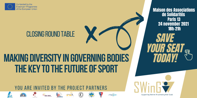EngsoYouth's tweet photo. Save your seat! 

SWinG project project worked towards a better governance in sport. #GameChangeHer 

JOIN its final event 
"Making diversity in governing bodies the key to the future of sport"

📍Paris, France 
🗓️24 November 2021
⏰6pm

Register 🔗 https://t.co/kGoMVUAUxq https://t.co/dZt8WQRZGa
