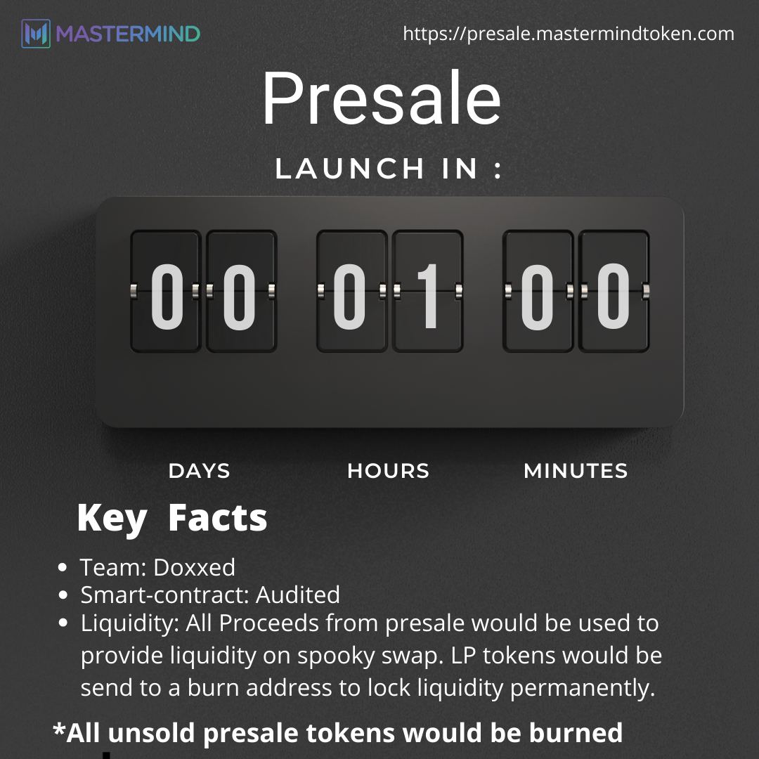 Mastermindtoken's tweet photo. It is almost time for Presale. 
You can start getting yourself familiarized  with the presale page. 
https://t.co/pOtY5JzF6S https://t.co/SXvN6hGgi5