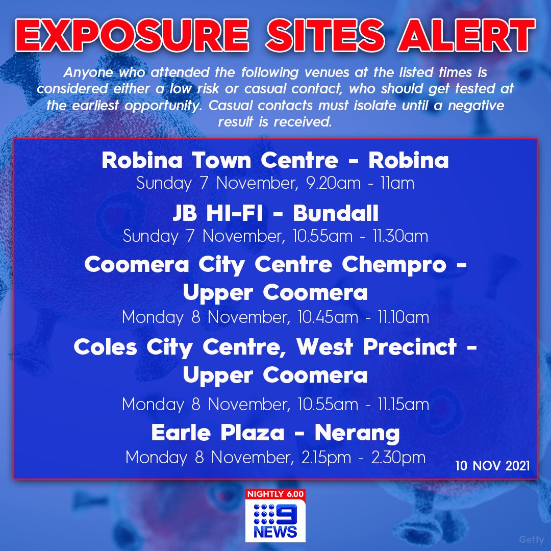 9NewsQueensland's tweet photo. #ALERT: Health authorities have just released new #COVID19 exposure sites for Queensland, including venues in several suburbs across the #GoldCoast. #9News https://t.co/BKGeaAyzO2