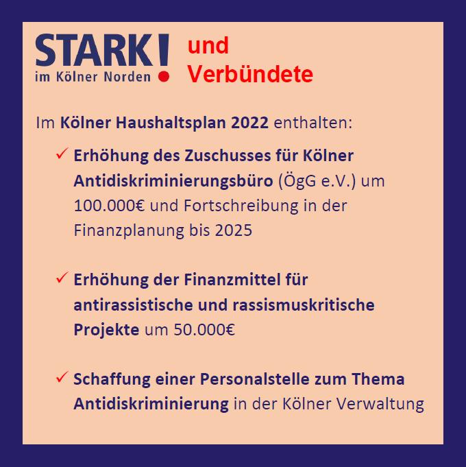 stark_koeln's tweet photo. Seit Beginn engagieren wir uns gegen #Diskriminierung in #koeln. Jetzt wurde ein Meilenstein erreicht: mehr Gelder für Projekte und Beratung werden im Haushalt 2022 @Koeln zur Verfügung gestellt! Damit ist eine Grundforderung der aktuellen Kampagne erfüllt. #koelnmussreden 1/2 https://t.co/5Mtw3l1jyu