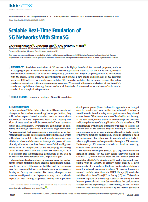 Simu5G's tweet photo. 📢 New paper available! 📢  

🗞️ A paper by @Unipisa about using @Simu5G as a real-time 5G network emulator has been published in @IEEEAccess and is available online!

🧐 Read it here: https://t.co/hQyrC2Zogw

@Hexa_X_2020 @omnetpp https://t.co/jnkj0YxA7Y