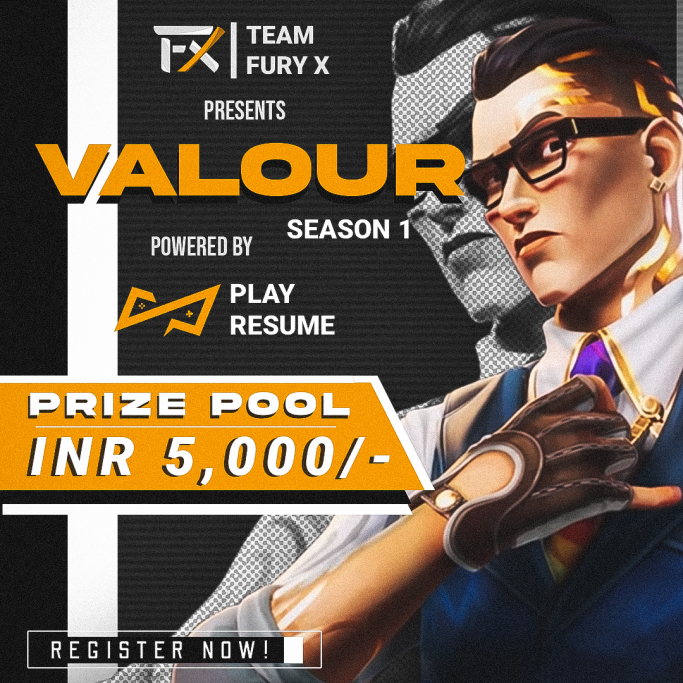 TeamFuryX_'s tweet photo. TFX presents Valour Powered BY Play Resume

Registrations are live 

>Game: Valorant, Mumbai servers
>Prize Pool: INR 5K
>Teams: 60 

Last date of registration is: 16th November 2021
Tournament start date: 18th November 2021.

Registration Form:https://t.co/ecyH29IErX https://t.co/uNV1DvNbXC