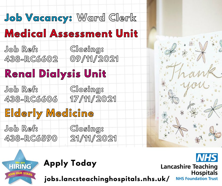 LancsHospJobs's tweet photo. ⚠️ Jobs: Ward Clerk @LancsHospitals
#MedicalAssessmentUnit
⏰ Closes: 09/11
🌐 Apply: https://t.co/movMGicmjq
#RenalDialysis Unit
⏰ Closes: 17/11
🌐 Apply: https://t.co/sPGZsMvmJu
Elderly Medicine
⏰ Closes: 21/11
🌐 Apply: https://t.co/ZzzkpKUgsx
#NHS #NHSJobs #Lancashire https://t.co/zuvrVpuQAx