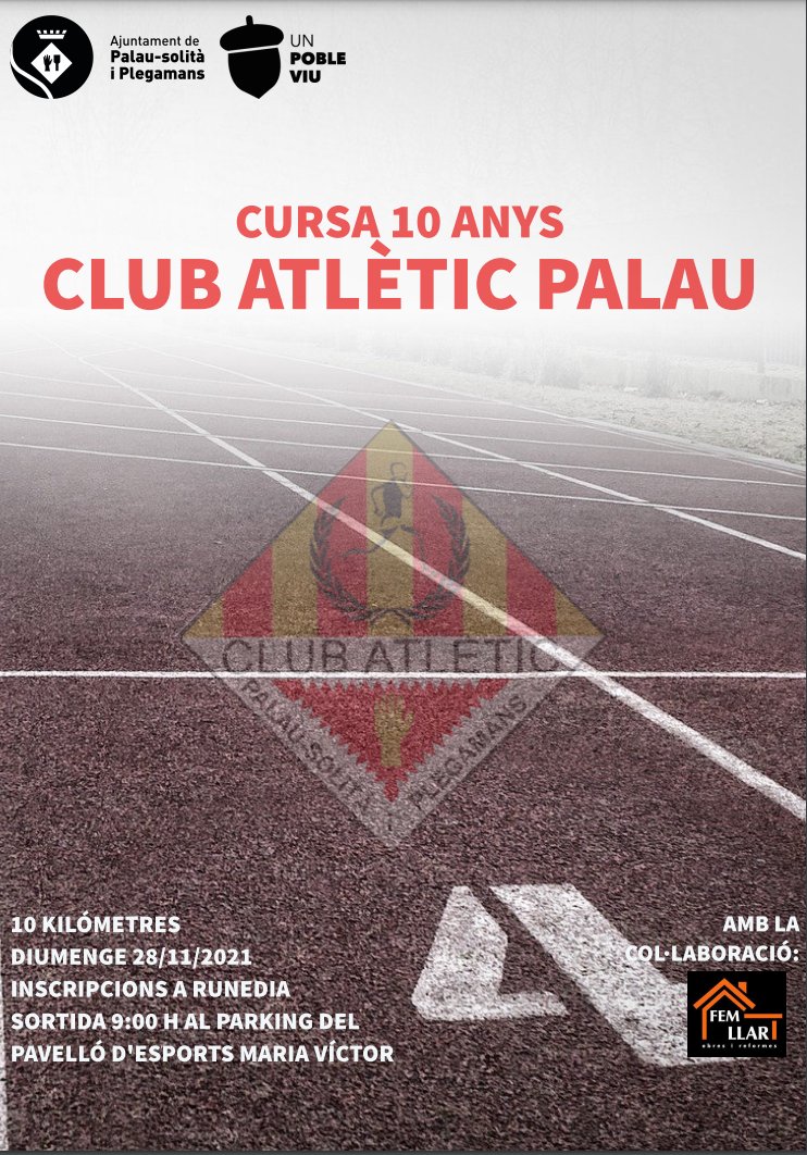palauplegamans's tweet photo. 🏃🏼‍♀️ @AtleticPalau celebra 10 anys i ho fa amb una cursa de 10km el 28 de novembre. El màxim de participants és de 250.

📍 La cursa començarà al pàrquing del Pavelló Municipal d’Esports Maria Víctor.

🔗 Inscripcions obertes fins al 21 de novembre: https://t.co/vUENqh59g7 https://t.co/m2woL9BQji