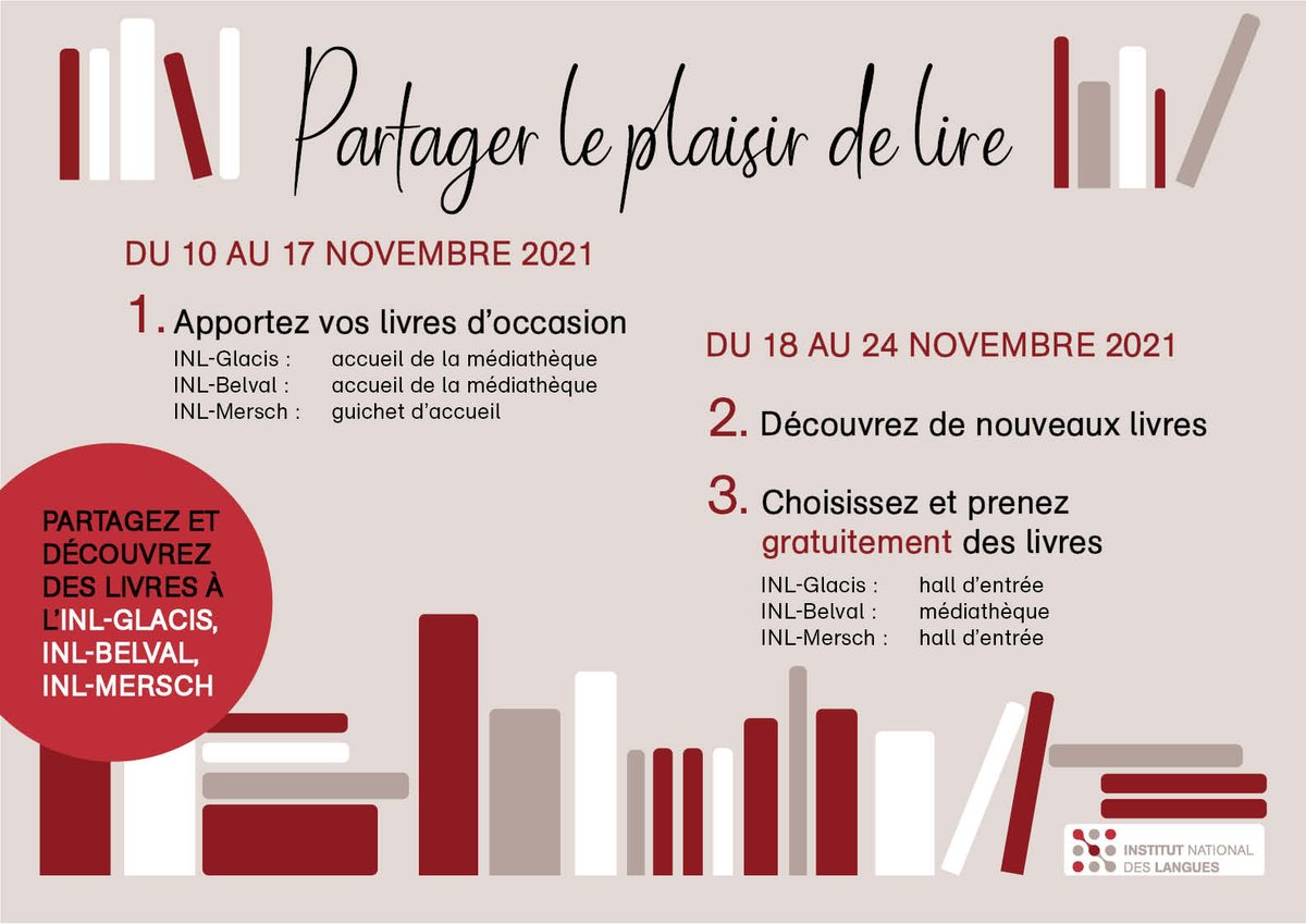 INL_lu's tweet photo. Avez-vous des livres auxquels vous souhaitez donner une deuxième vie?
Ramenez-les du 10 au 17 novembre aux médiathèques de l’INL-Glacis et l’INL-Belval ou à l’accueil de l’INL-Mersch.
L’INL propose du 18 au 24 novembre un échange gratuit de livres d’occasion. https://t.co/6s2IgYv1Yj