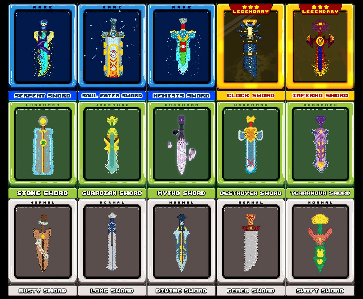 XMEME_coin's tweet photo. the Xswords are a 15 different animated swords #nftcollectors 
5 normal minted 200ex., 
5 uncommon 100 ex. limited edition, 
3 rare 50 ex only  and 
2 legendary cards 25 ex.

the NORMAL #nftart cards will give a special, VIP access to the other uncommon cards ownership ... https://t.co/YDWkRh8uTE