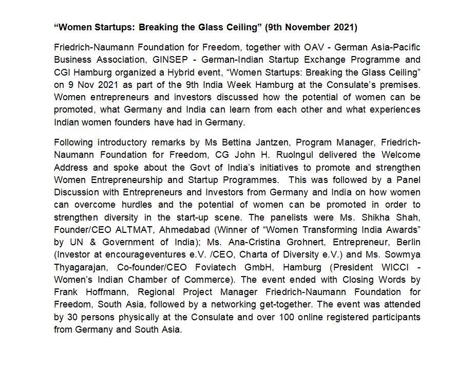 IndiainHamburg's tweet photo. “Women Startups: Breaking the Glass Ceiling” (9th November 2021)

@MEAIndia @eoiberlin @iccr_hq @AmritMahotsav 

#AzaadiKaAmritMahotsav #IndiaAt75 #indiafocus #indiaweekhamburg #Hamburg https://t.co/7LNWcMcrp6