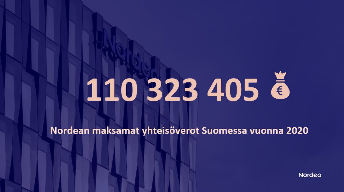 Nordea maksoi yhteisöveroja Suomeen yli 110 miljoonaa euroa vuonna 2020. Olemme ylpeydellä yksi Suomen suurimmista yhteisöveronmaksajista. #veropäivä Lue lisää: nordea.com/fi/media/2021-…