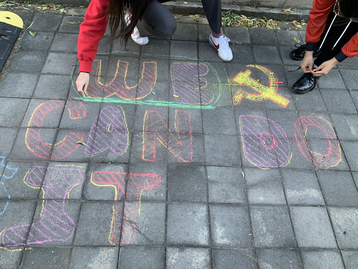 MaggieGraham2's tweet photo. Student initiative - let’s draw positive messages in chalk for kindness week! (Even Beowulf got involved💪⚔️) #kindness #myCISB https://t.co/Art4XDifY5